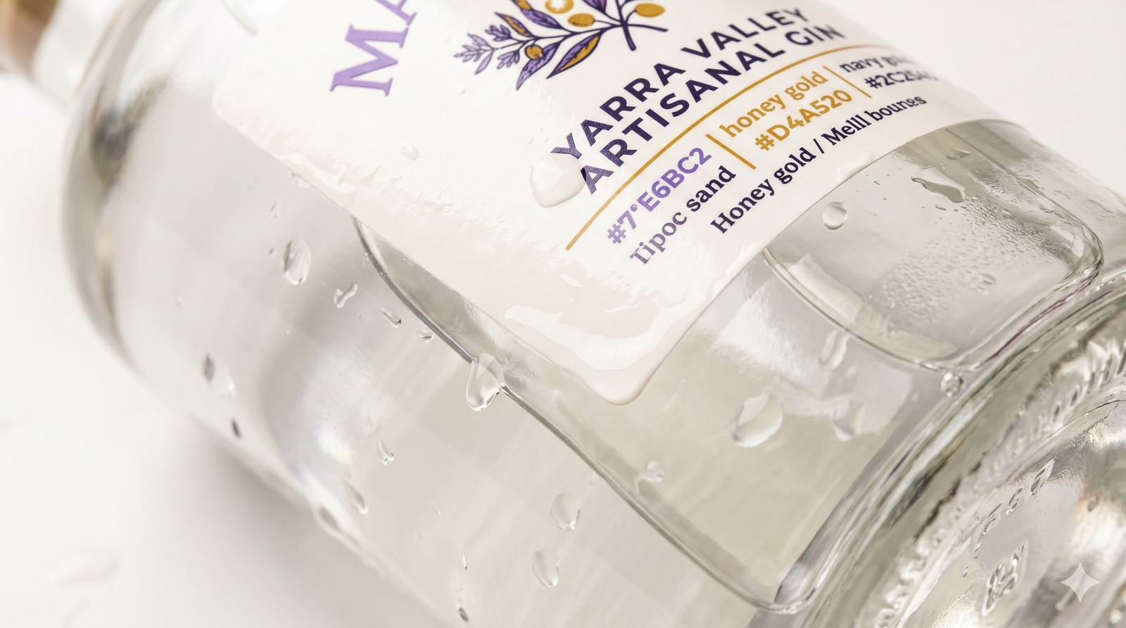 Close-up of a waterproof white vinyl label with water droplets on it