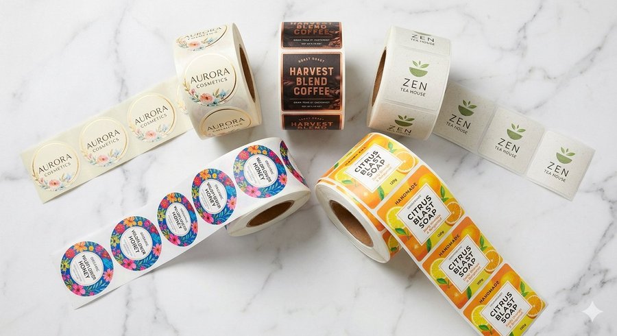 Custom printed product labels on a roll